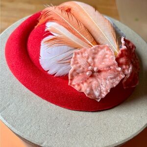 Bright Orange Red Feathered Hat Hair clip Kentucky Derby Party Easter Church